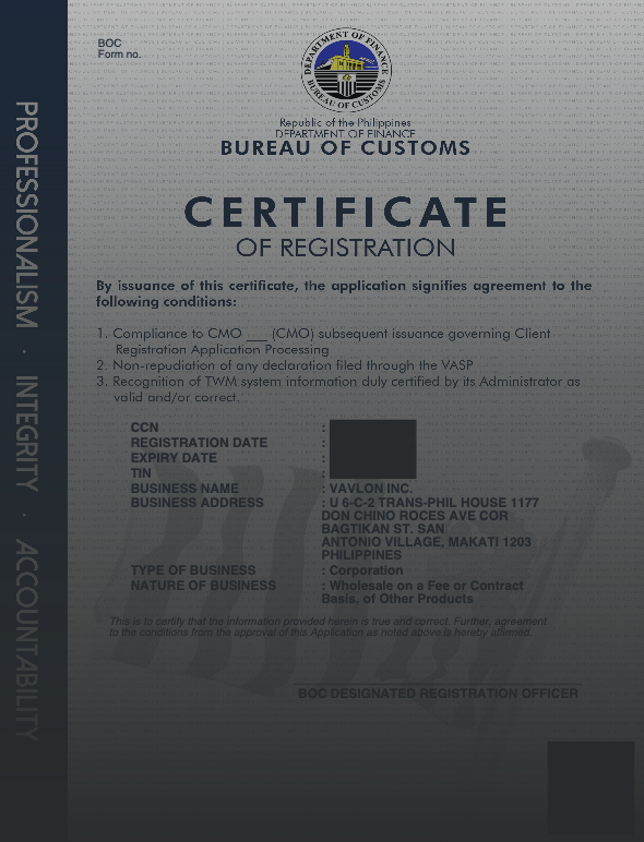 VAVLON BOC Accredited Importer 허가증