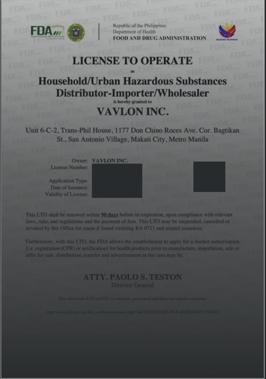 VAVLON FDA Hazardous Substances 허가증