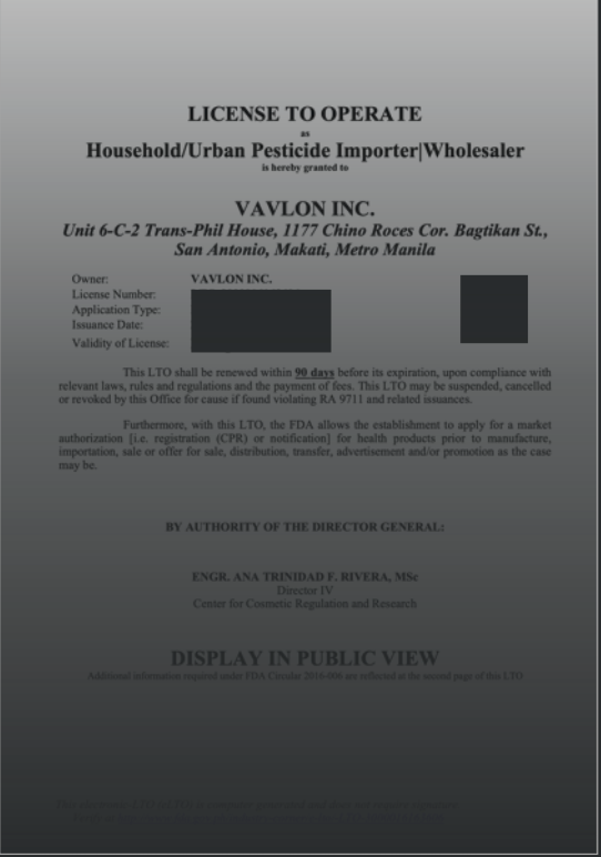 VAVLON FDA Pesticide 허가증