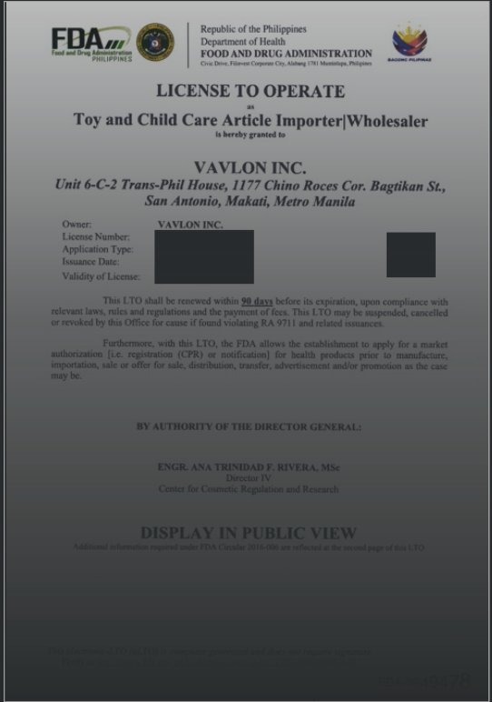 VAVLON FDA Toys & Childcare 허가증